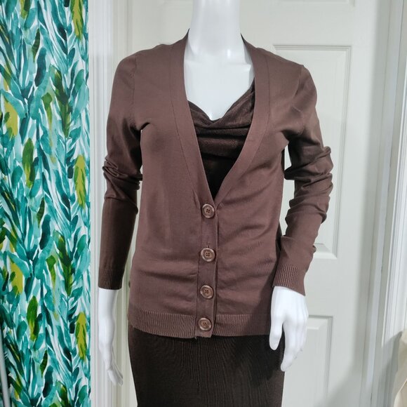 August Silk Brown Cardigan Preppy Sweater M Womens Silk Blend - Picture 7 of 12